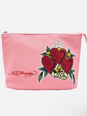 Ed Hardy Pink Love Heart Trio Embroidered Cosmetic Bag